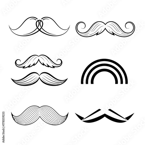 Vector art of collection of handdrawn mustaches and a rainbow retro style facial hair and a colorful weather phenomenon