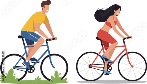 Cycling couple illustration, road bike motion, outdoor activity, fitness lifestyle, healthy exercise, teamwork, sports gear, green grass, flat design, vibrant colors