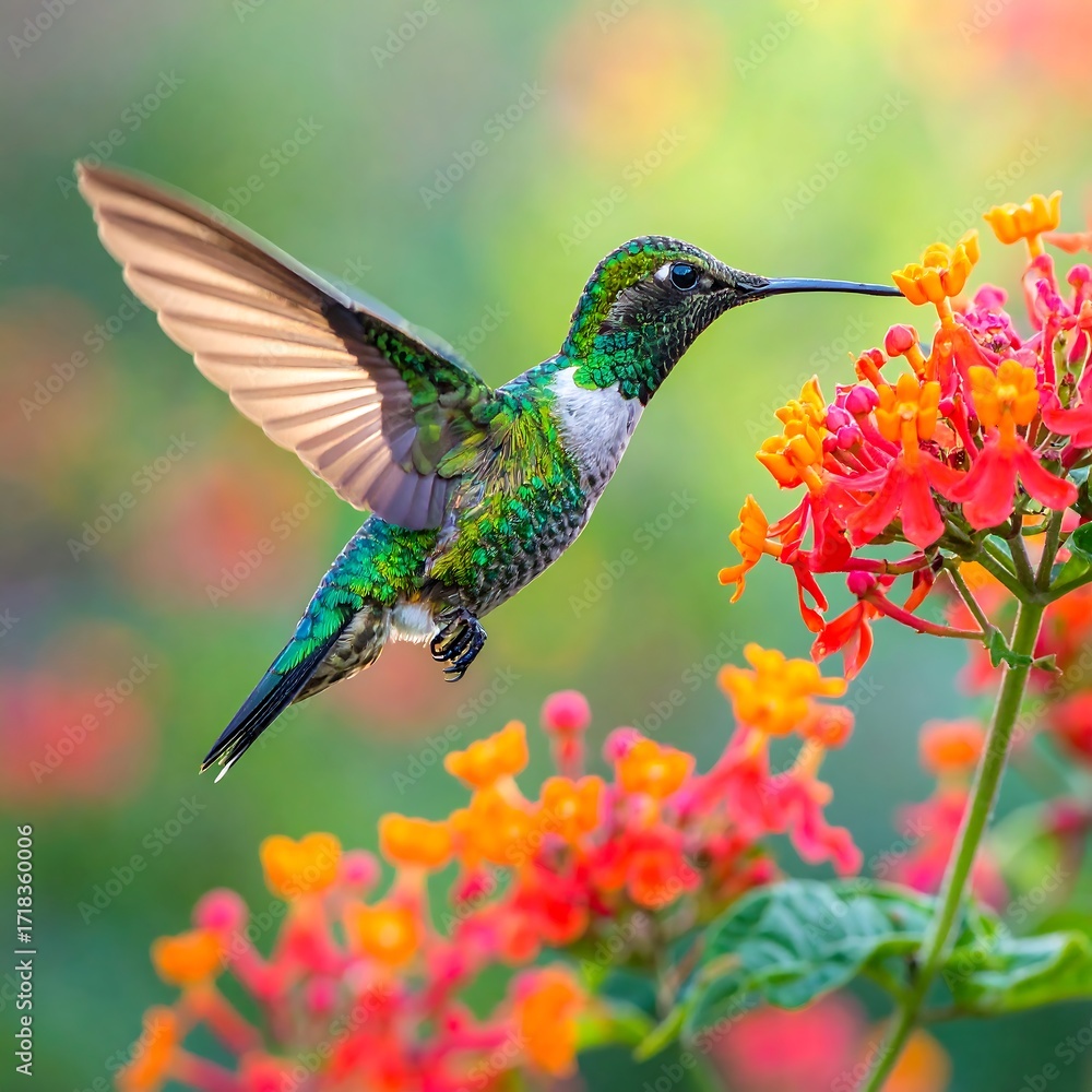 Fototapeta premium Vibrant hummingbird in flight, feasting on flowers