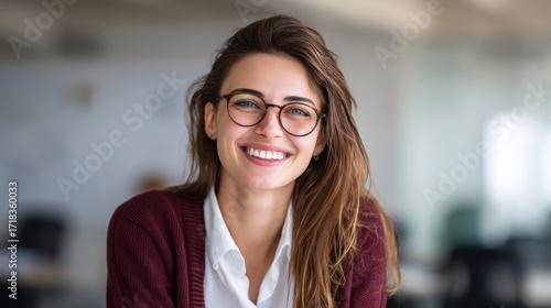 Smiling young woman with glasses and long brown hair in professional environment.