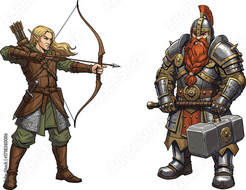 Elf archer with bow and dwarf warrior with hammer in medieval fantasy armor, heroic character design for game, story, concept art