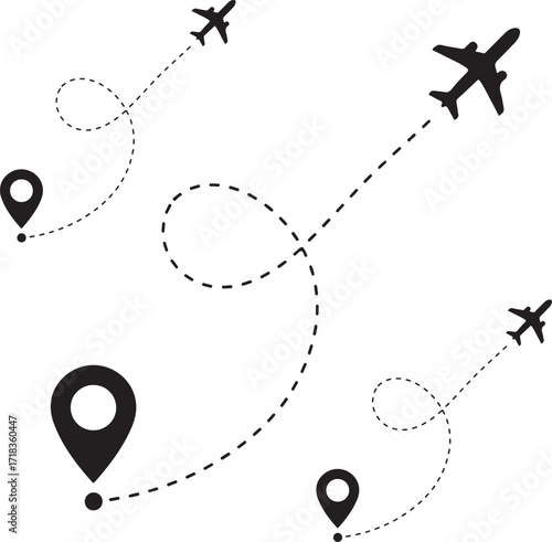 Airplane flight route map icon location pin travel journey
