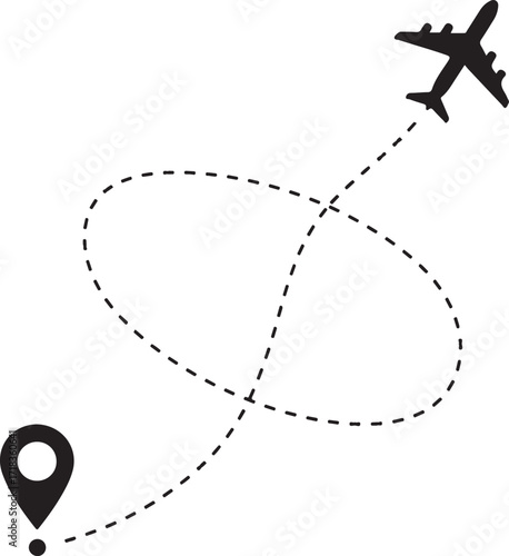 Airplane travel route flight path destination journey gps location trip air transport direction icon vector
