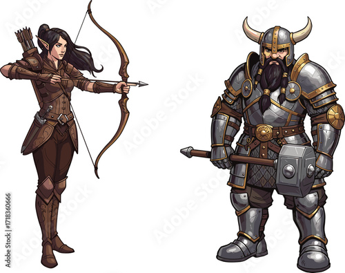 Fantasy archer aiming bow beside armored warrior with hammer and shield, medieval character design for game, story, or concept art