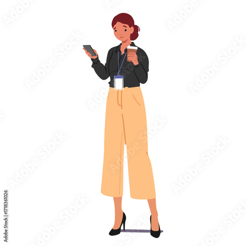 Busy successful businesswoman cartoon character texting message by mobile phone drinking coffee