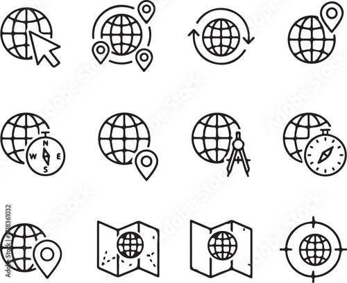 vector set of Route Optimization line icon, Route icon between two points with dotted path and location pin.