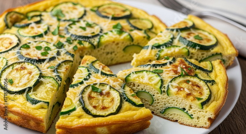 Homemade zucchini frittata with cheese and herbs on plate