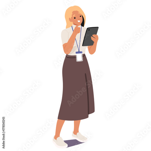 Young businesswoman cartoon character working with mobile digital tablet standing isolated on white