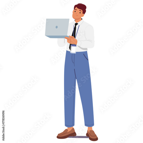 Handsome businessman cartoon character posing with laptop computer isolated on white background