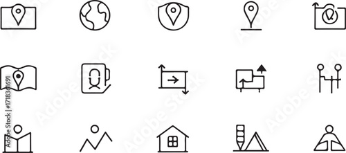 location icon, map pin icons in outline, black, and red styles. for maps, GPS, navigation apps, location markers, address indications, and geolocation interfaces