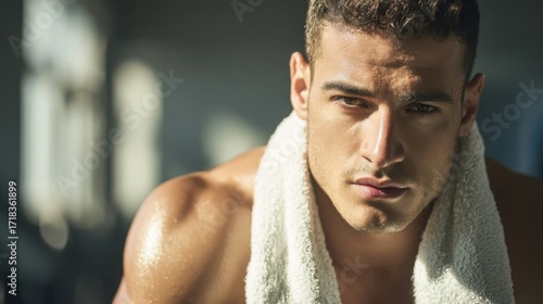 Close-up of a young athletic man with wet hair and a towel around his neck in gym setting.