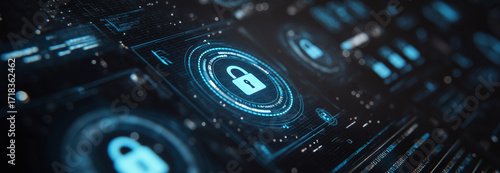 A LinkedIn banner featuring a sleek digital security theme with blue glowing locks, data networks, and futuristic business technology background.