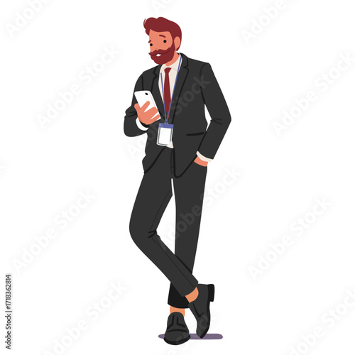 Elegant businessman cartoon character using mobile phone standing isolated on white background
