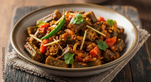 Bowl of Indian okra bhindi masala curry with spices and herbs
