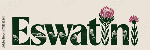 Eswatini Modern Typography with African Flower and Mountain Elements, Elegant Botanical Nature Design on Neutral Background