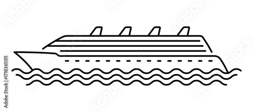 Cruise ship. Black outline linear silhouette. Editable strokes. Side view. Vector simple flat graphic illustration. Isolated object on a white background.