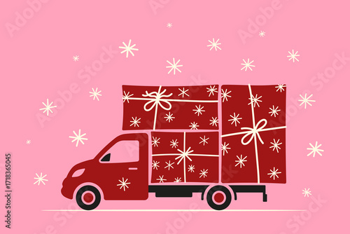 A van with gift boxes. Colored silhouette. Side view. Vector simple flat graphic illustration, hand drawn. Isolated object on a pink background.
