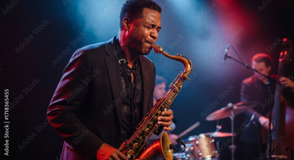 Naklejka premium A saxophonist performs on stage, with a blurred background and stage lights illuminating the scene.