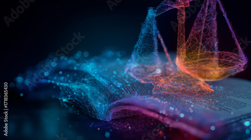 A futuristic hologram of legal documents being scanned, symbolizing digital law, data security, and advanced document management technology.