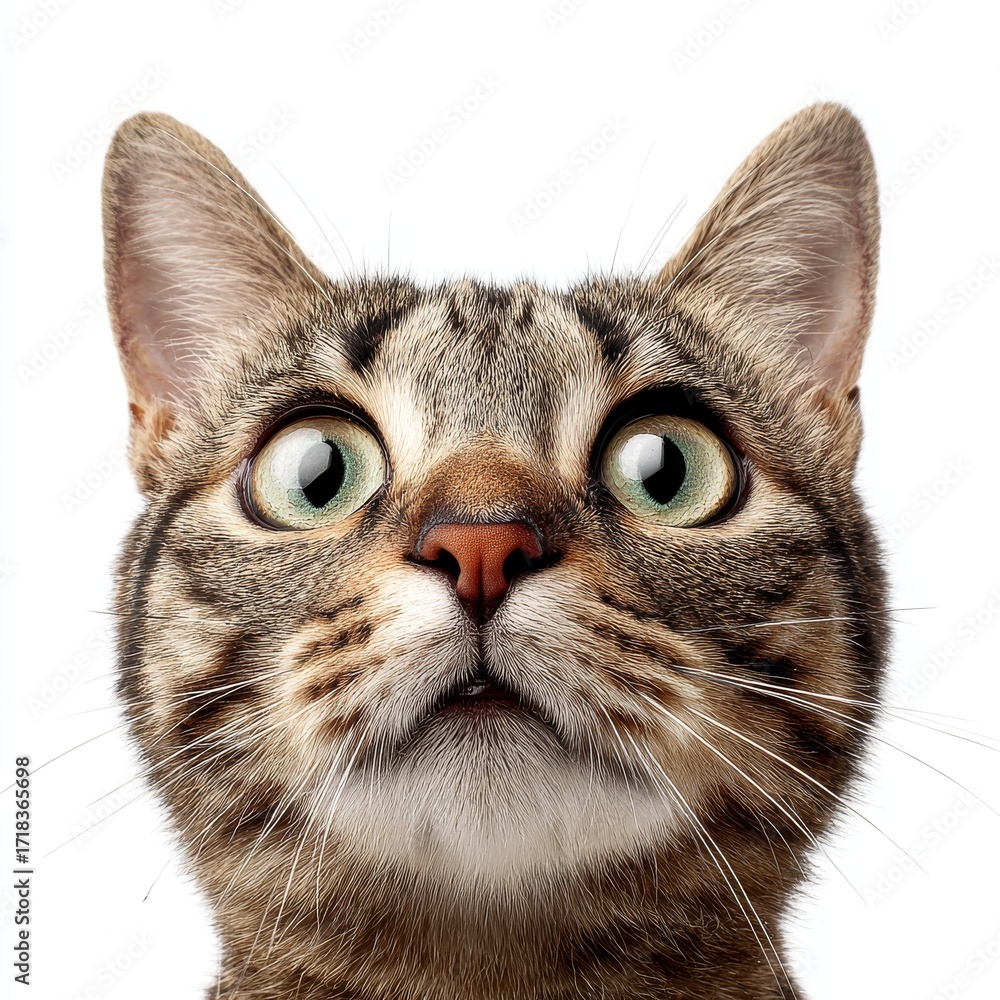 Fototapeta premium The camera captures a charming cat with big eyes, looking directly at it, isolated on a white background, which emphasizes the cat's fun-loving and curious character