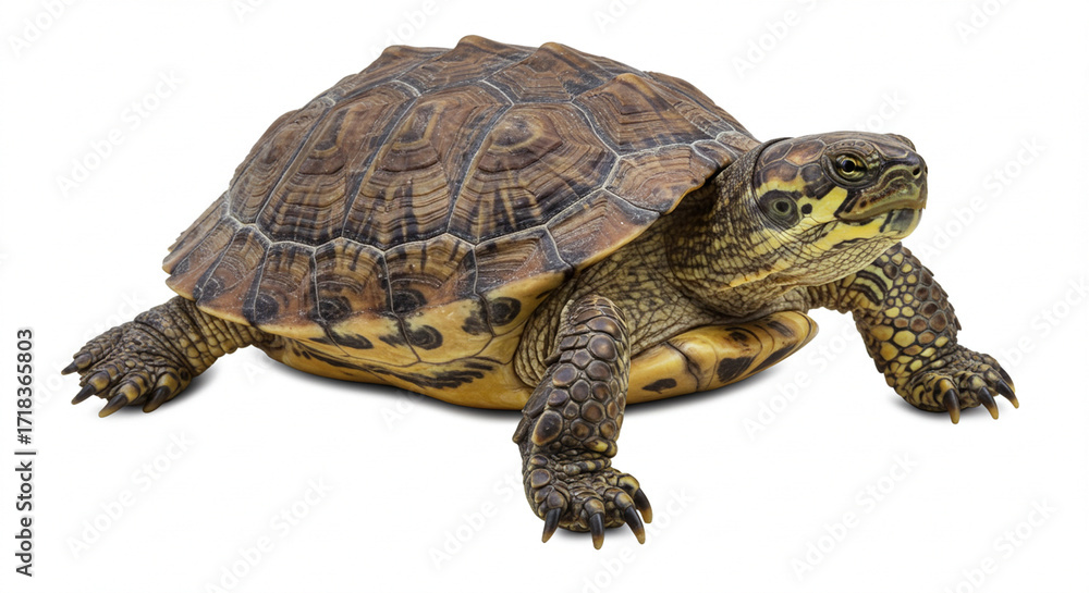 Obraz premium Striped Asian Box Turtle Close-Up: High-Resolution Image of a Reptile with Detailed Shell Texture and Claws, Ideal for Nature Documentaries, Wildlife Photography, and Scientific Publications. The ...