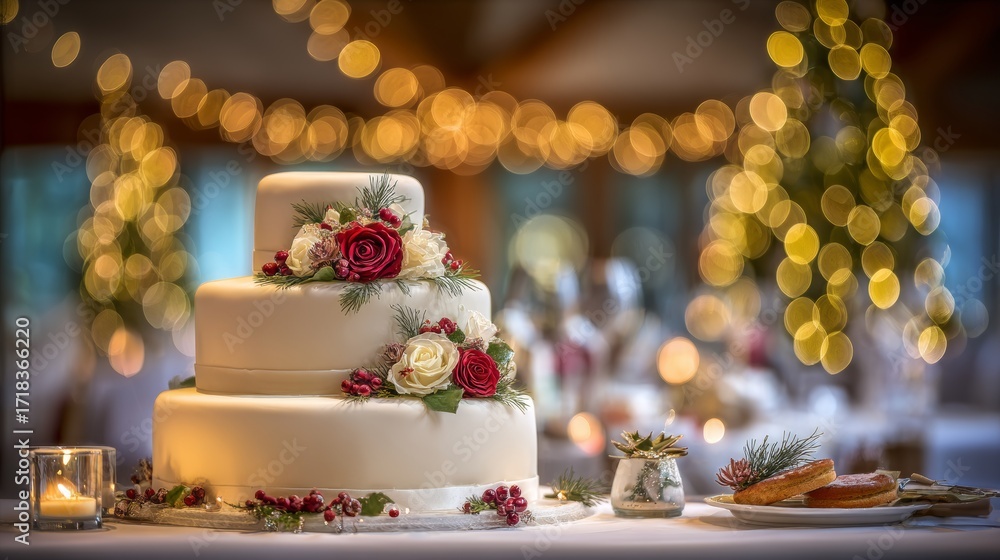 Fototapeta premium On a festive celebration background, a stunning three-tiered wedding cake is displayed