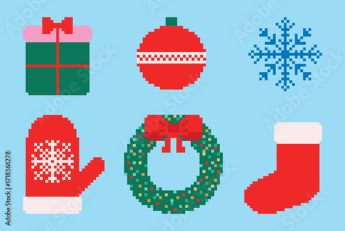 A set of pixelated Christmas decorations: a gift, a ball, a snowflake, a mitten, a wreath, and a sock. Christmas icons in 8-bit pixel art style. Vector illustration.