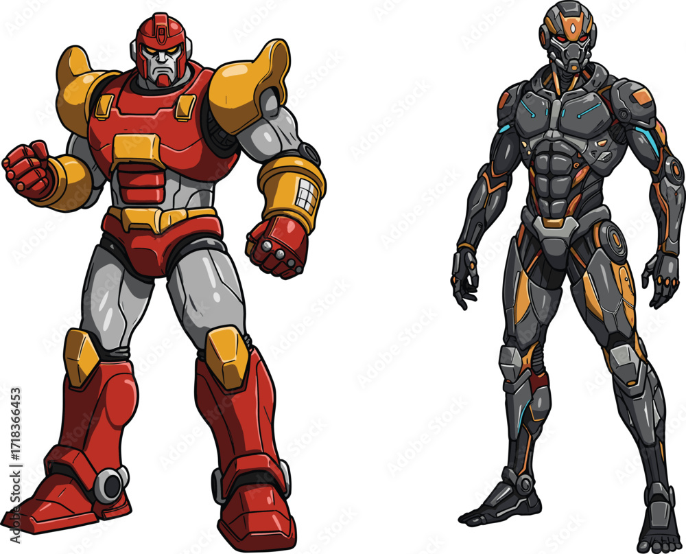 Fototapeta premium Futuristic robots, sci-fi androids, armored mech warriors, advanced AI, cybernetic design, battle-ready machines, technology, combat, sleek, powerful, glowing, humanoid, robotics