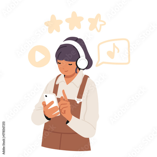 Cartoon portrait of teenage girl using mobile phone application for listening music online