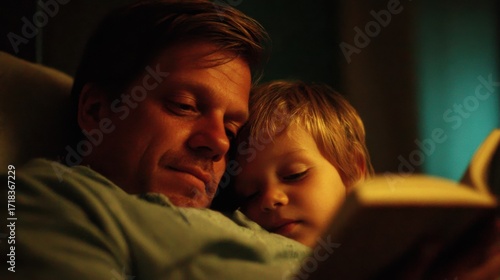 Father and son reading a book together in a cozy warm indoor setting at night.