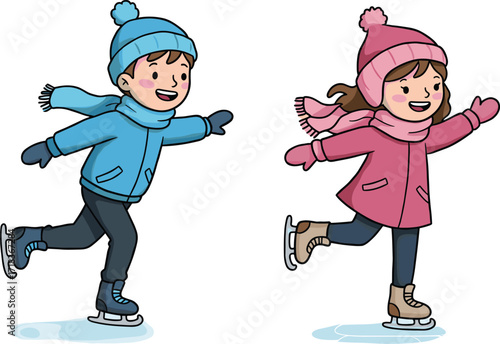 Happy cartoon children ice skating, boy and girl wearing winter clothes, fun outdoor cold season activity, kids enjoying snow holiday together