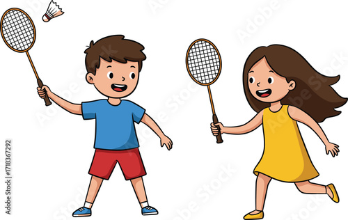 Happy cartoon children playing badminton, boy and girl holding rackets, fun outdoor summer sport activity, kids enjoying shuttlecock game together outside