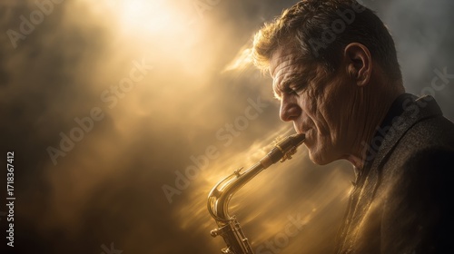 Young male jazz musician passionately playing saxophone outdoors during sunset lighting.