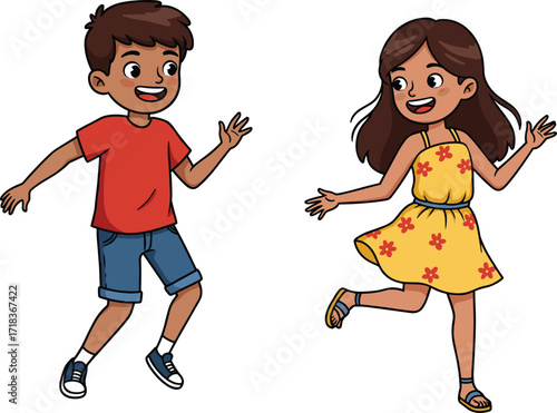 Happy children dancing together in summer clothes, joyful kids playing outdoors, cheerful siblings bonding, fun childhood moment, family lifestyle concept