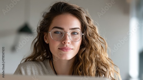Close-up portrait of a young woman with curly hair and glasses indoors.