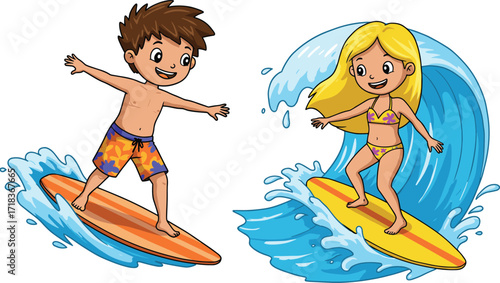 Happy cartoon children surfing ocean waves, boy and girl riding surfboards, fun summer beach sport activity, kids enjoying exciting water adventure together