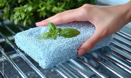 A hand wiping down a refrigerator shelf with a light blue textured cloth and fresh basil leaves