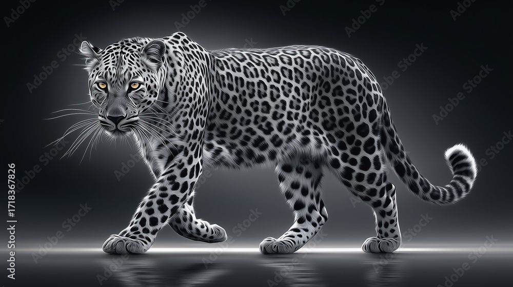 Fototapeta premium Snow leopard walking forward with moonlight glow in minimal studio lighting 