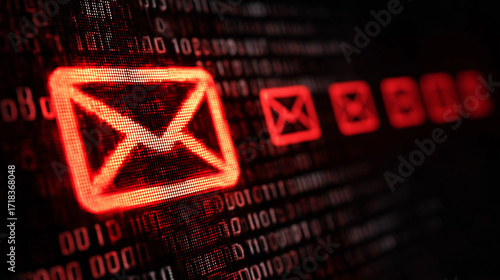 Vivid neon envelope icon in a futuristic digital setting, symbolizing email, messaging, and online communication. Ideal for tech, networking, and marketing visuals.