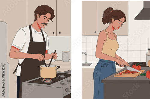 Home cooking illustration, kitchen activity, culinary preparation, domestic lifestyle, food ingredients, healthy meal, modern kitchen, flat design, everyday routine, cozy atmosphere