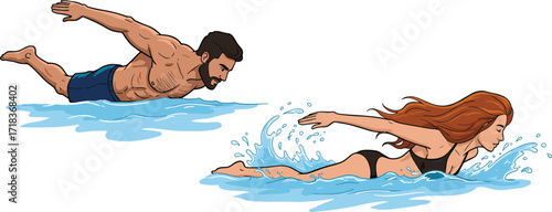 Man and woman swimming in water, fitness training, butterfly stroke, active lifestyle, professional swimmers, summer exercise, sport activity, healthy body