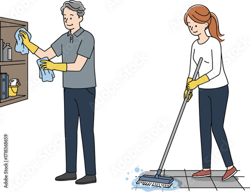 Man cleaning shelf, woman mopping floor, couple doing household chores, teamwork cleaning home, daily hygiene, tidy lifestyle, domestic work, spring cleaning