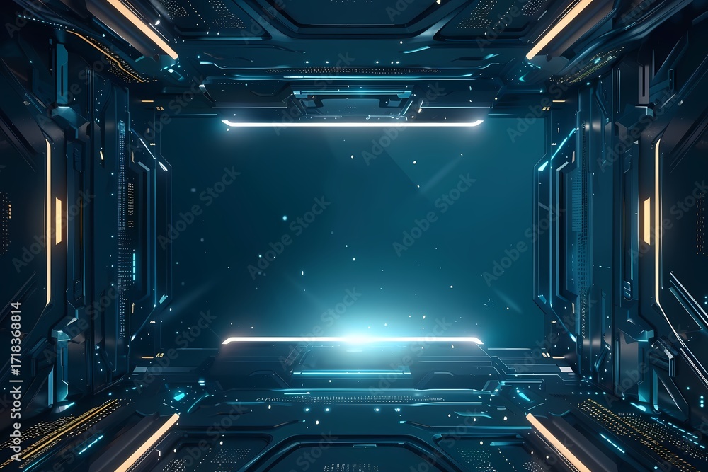 Obraz premium A digital art composition featuring a futuristic, high-tech design with a focus on glowing lights against a dark blue background.