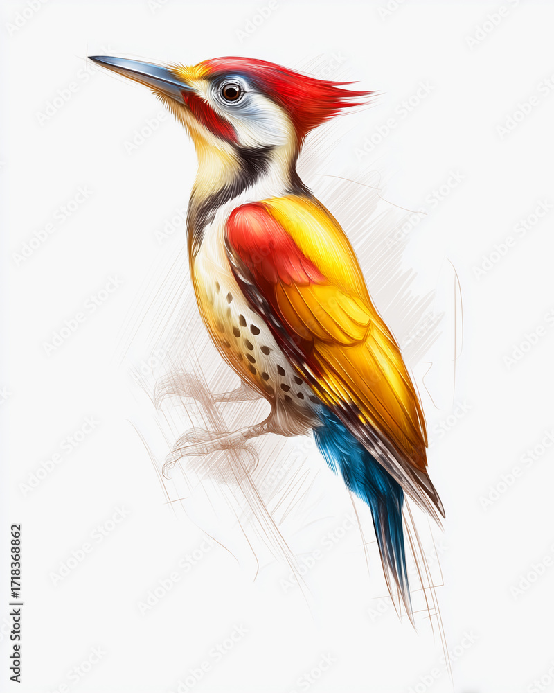 Fototapeta premium Colorful woodpecker bird perched in sketch-style artistic illustration 
