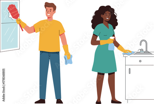 Man cleaning window, woman wiping kitchen counter, household chores, spring cleaning, home hygiene, cleaning supplies, teamwork, domestic work, cleanliness lifestyle