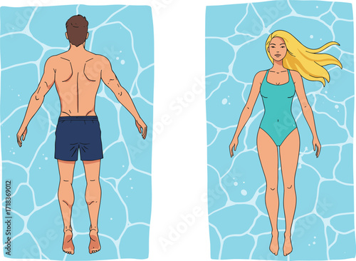 Man floating in pool, woman swimming on back, summer relaxation, aquatic leisure, water exercise, fitness activity, healthy lifestyle, vacation fun
