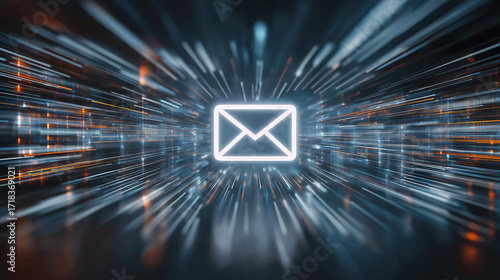 Vivid neon envelope icon in a futuristic digital setting, symbolizing email, messaging, and online communication. Ideal for tech, networking, and marketing visuals.