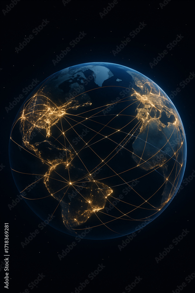 Naklejka premium Global Digital Network Connecting Continents Around Earth
