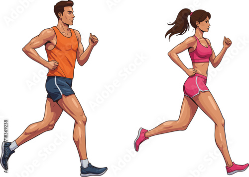 Man jogging, woman running, fitness couple, outdoor exercise, sport activity, workout training, active lifestyle, wellness routine, athletic partners, healthy movement