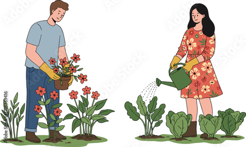 Man planting flowers, woman watering plants, people gardening outdoors, nature lifestyle, home gardening, spring season, garden work, floral care, plant growth